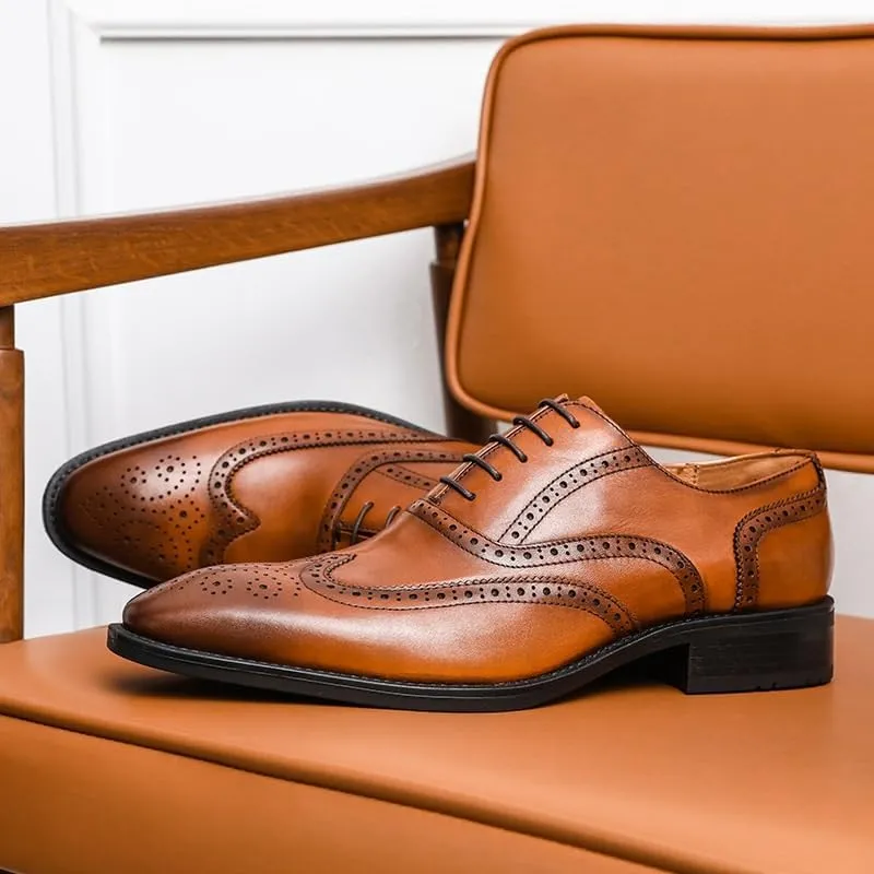 Men’s 2 Inch Elevator Brogue Oxford Shoes, Genuine Leather Wingtip Derby Dress Shoes for Wedding Occasions