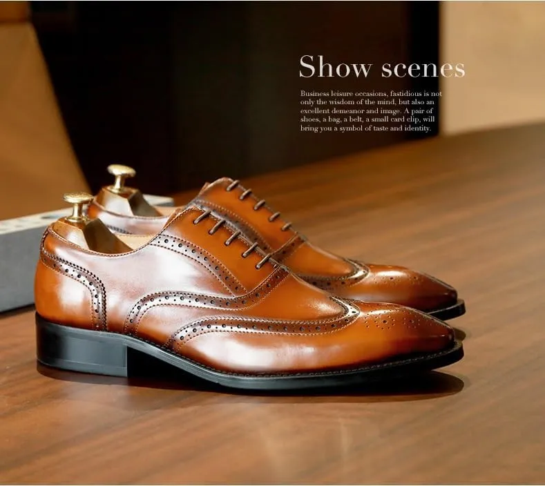Men’s 2 Inch Elevator Brogue Oxford Shoes, Genuine Leather Wingtip Derby Dress Shoes for Wedding Occasions