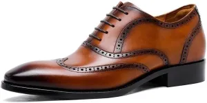 Men’s 2 Inch Elevator Brogue Oxford Shoes, Genuine Leather Wingtip Derby Dress Shoes for Wedding Occasions