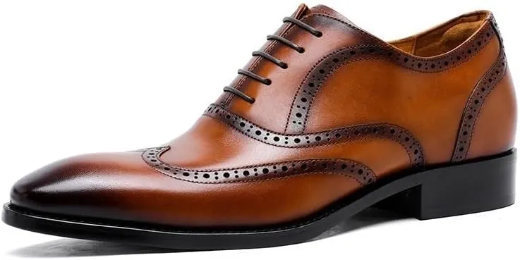 Men’s 2 Inch Elevator Brogue Oxford Shoes, Genuine Leather Wingtip Derby Dress Shoes for Wedding Occasions