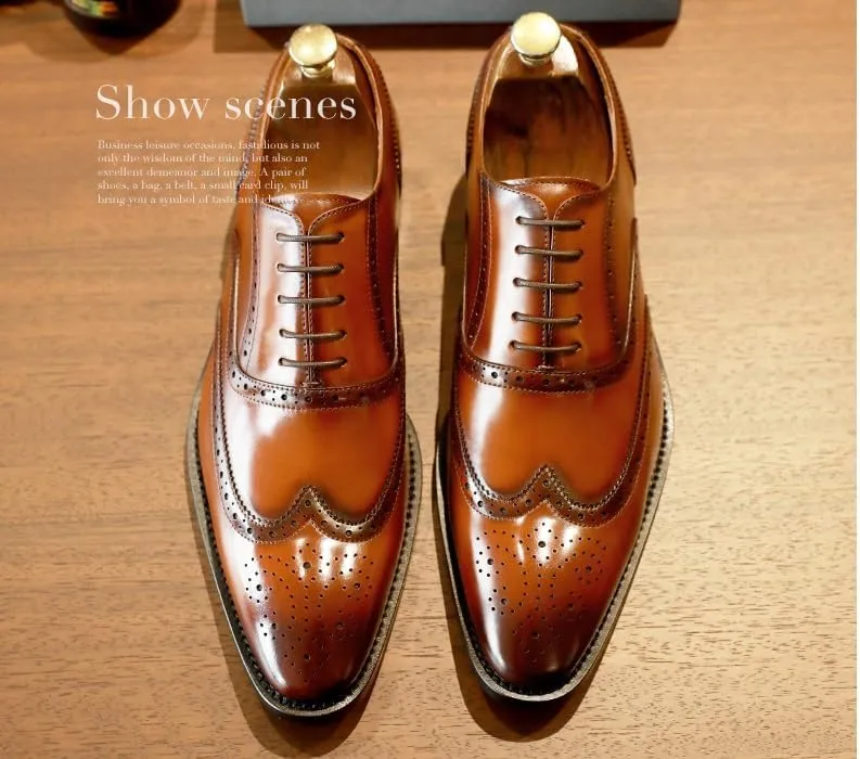 Men’s 2 Inch Elevator Brogue Oxford Shoes, Genuine Leather Wingtip Derby Dress Shoes for Wedding Occasions