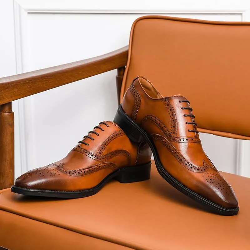 Men’s 2 Inch Elevator Brogue Oxford Shoes, Genuine Leather Wingtip Derby Dress Shoes for Wedding Occasions
