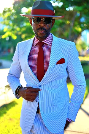 Mens Classic Summer Seersucker Pinstripe Suit in Blue