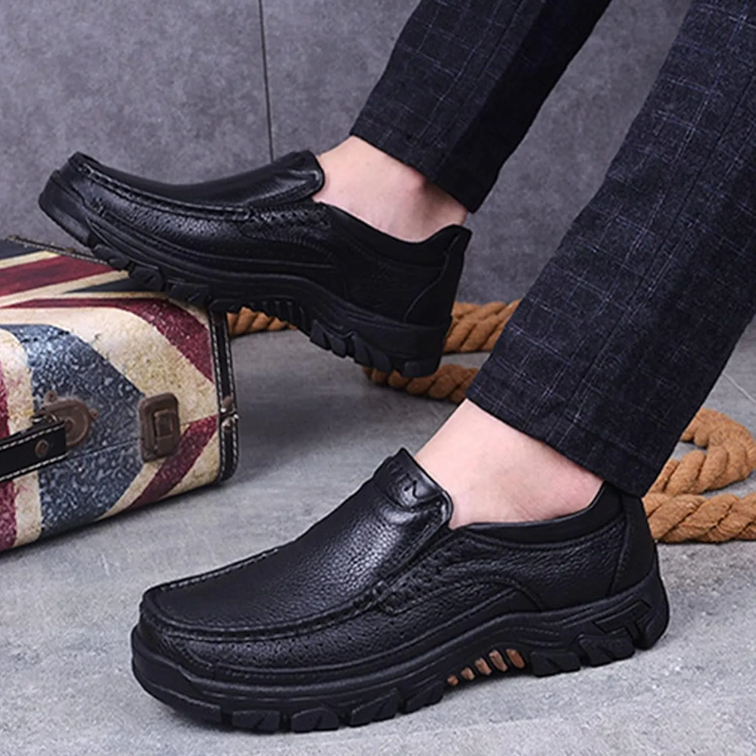 Men's Leather Arch Support Dress Shoes,Comfort Slip On/Lace up Non-Slip Softsole Casual Oxford Travel Walking Loafers