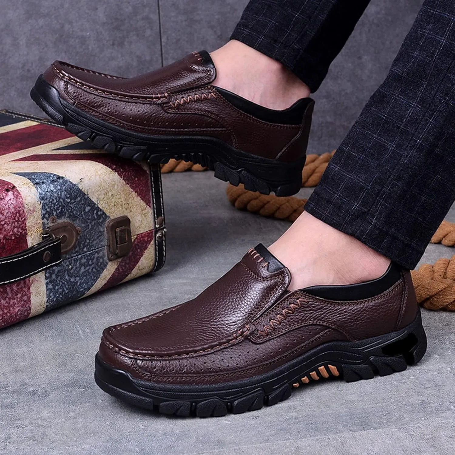 Men's Leather Arch Support Dress Shoes,Comfort Slip On/Lace up Non-Slip Softsole Casual Oxford Travel Walking Loafers