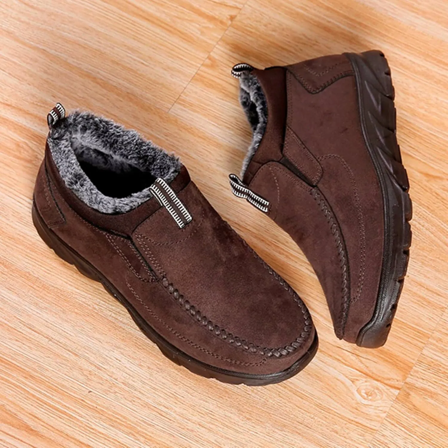 Men's Snow Boots Solid Color Flat Lazy Shoes Round Toe Slip On Ankle Booties Winter Fur Lined Sneaker Outdoor Walking Shoes