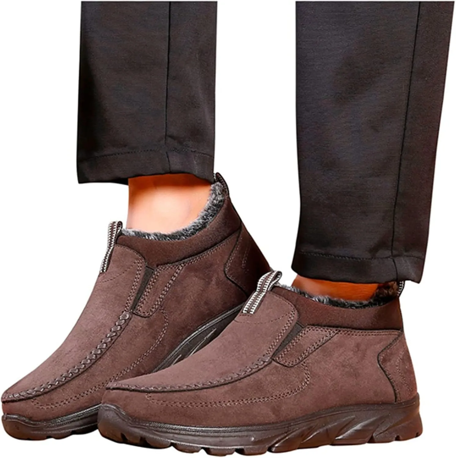 Men's Snow Boots Solid Color Flat Lazy Shoes Round Toe Slip On Ankle Booties Winter Fur Lined Sneaker Outdoor Walking Shoes