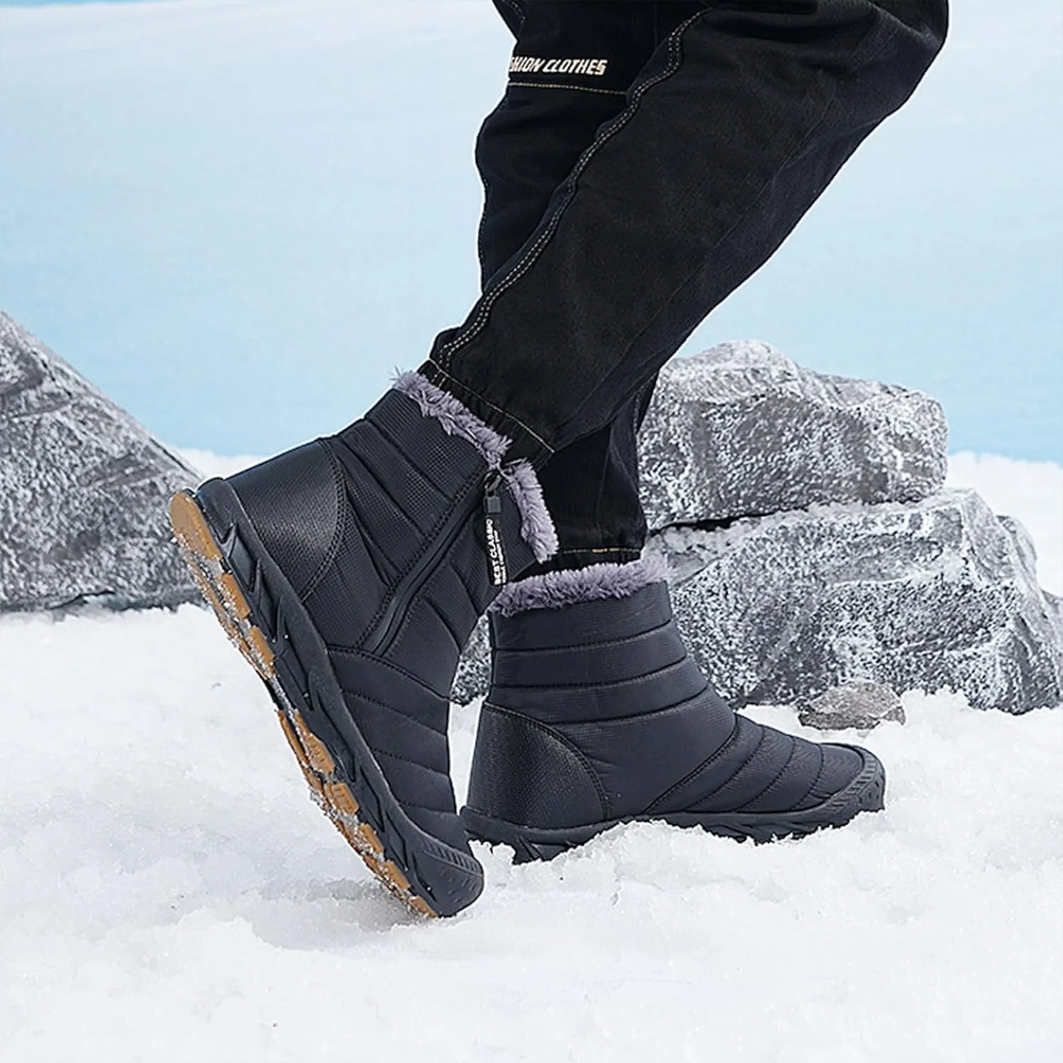 Mens Winter Warm Snow Boots Fur Lined Anti-Slip Waterproof Winter Shoes Retro Anti-Collision Round Toe Zipper Closure Slip on Outdoor Boot