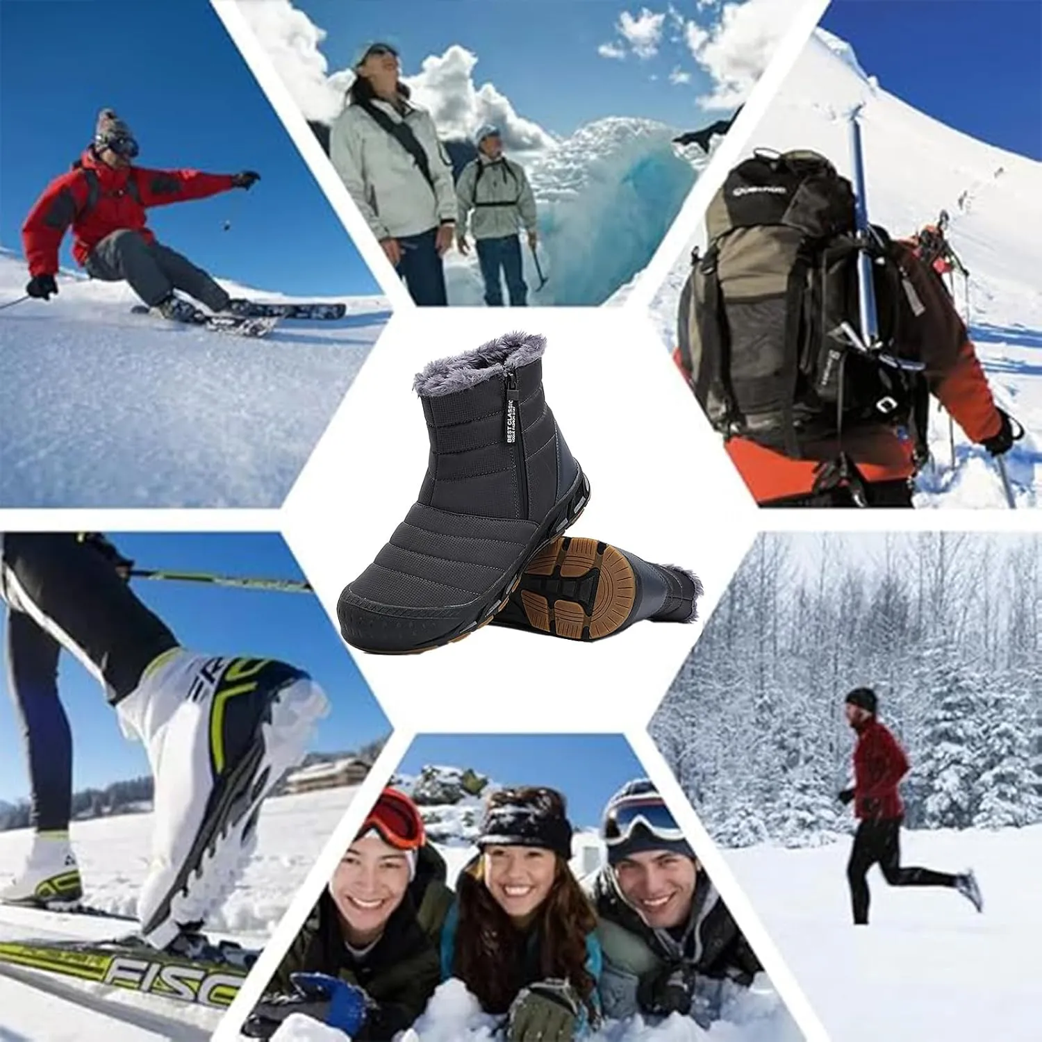 Mens Winter Warm Snow Boots Fur Lined Anti-Slip Waterproof Winter Shoes Retro Anti-Collision Round Toe Zipper Closure Slip on Outdoor Boot