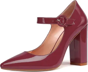 Mettesally Women's Chunky High Heel Mary Jane Pumps Closed Pointed Toe Work Church Wedding Dress Shoes
