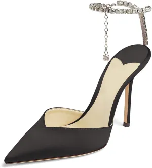 MIRAAZZURRA Women High Heeled sandals Satin Sparkly Crystal Chain Ankle Straps Shoes Summer Bridal Pointy Toe Stiletto Wedding Shoes