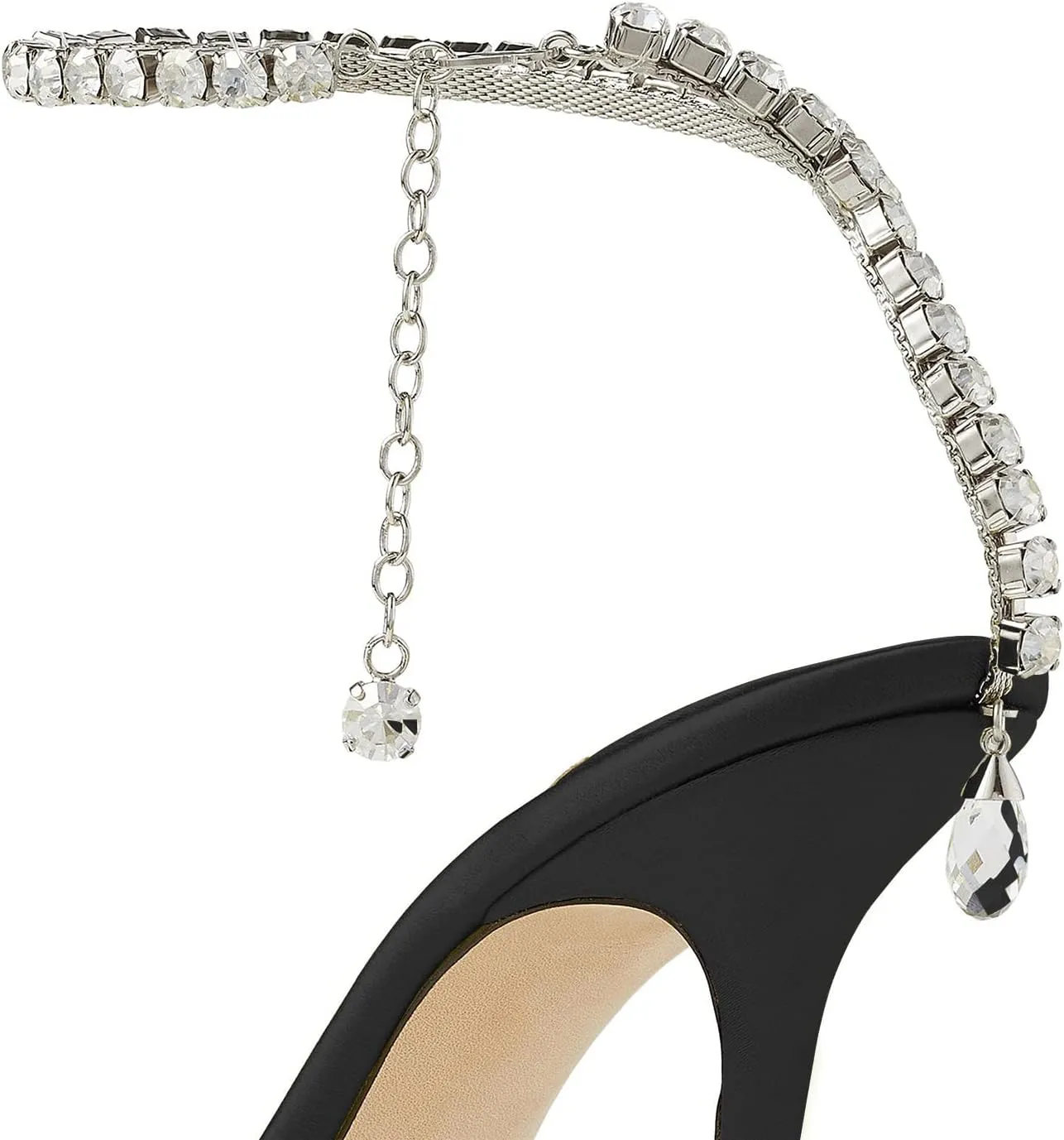 MIRAAZZURRA Women High Heeled sandals Satin Sparkly Crystal Chain Ankle Straps Shoes Summer Bridal Pointy Toe Stiletto Wedding Shoes