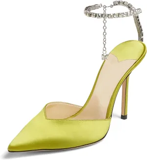 MIRAAZZURRA Women High Heeled sandals Satin Sparkly Crystal Chain Ankle Straps Shoes Summer Bridal Pointy Toe Stiletto Wedding Shoes
