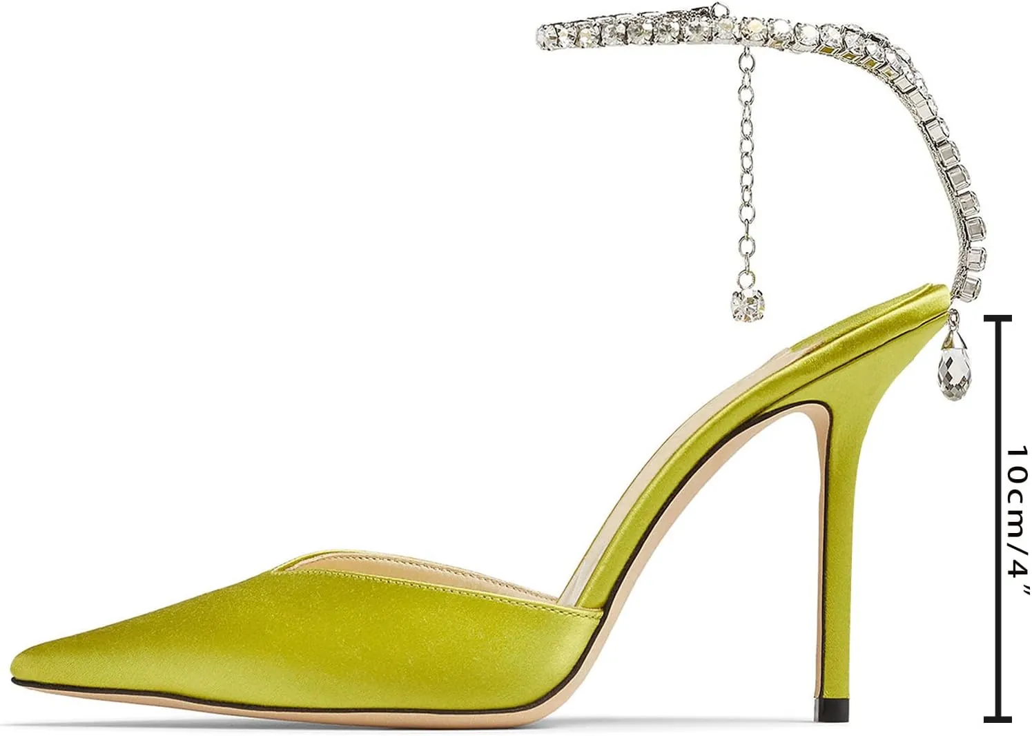 MIRAAZZURRA Women High Heeled sandals Satin Sparkly Crystal Chain Ankle Straps Shoes Summer Bridal Pointy Toe Stiletto Wedding Shoes
