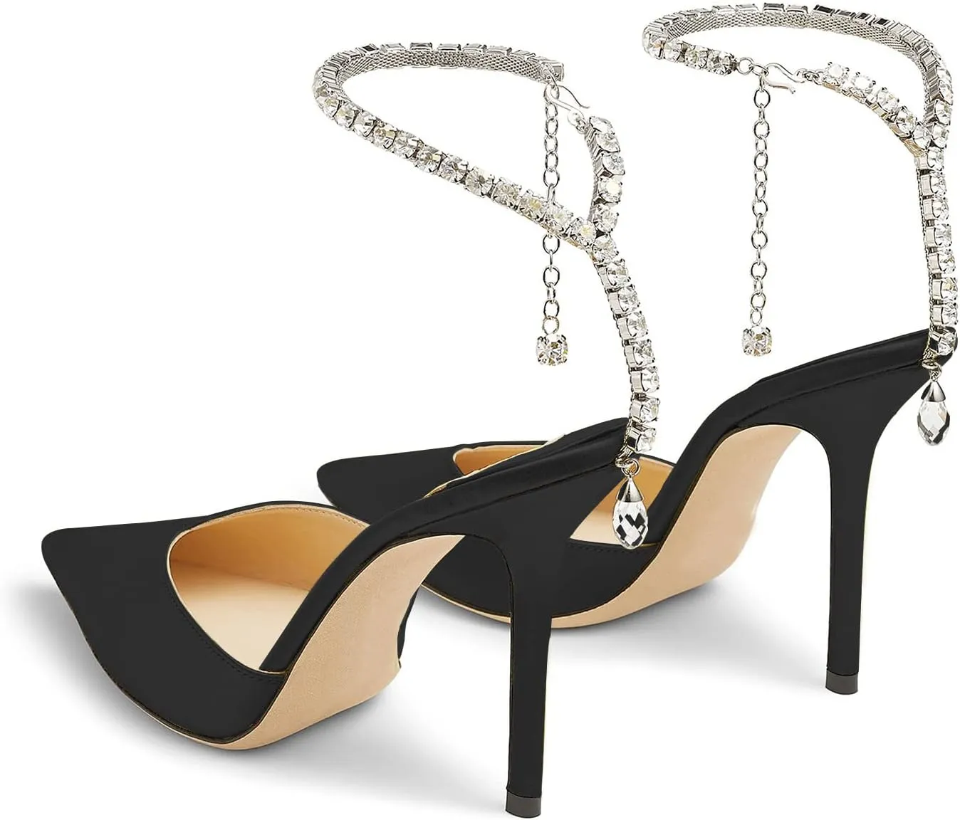 MIRAAZZURRA Women High Heeled sandals Satin Sparkly Crystal Chain Ankle Straps Shoes Summer Bridal Pointy Toe Stiletto Wedding Shoes