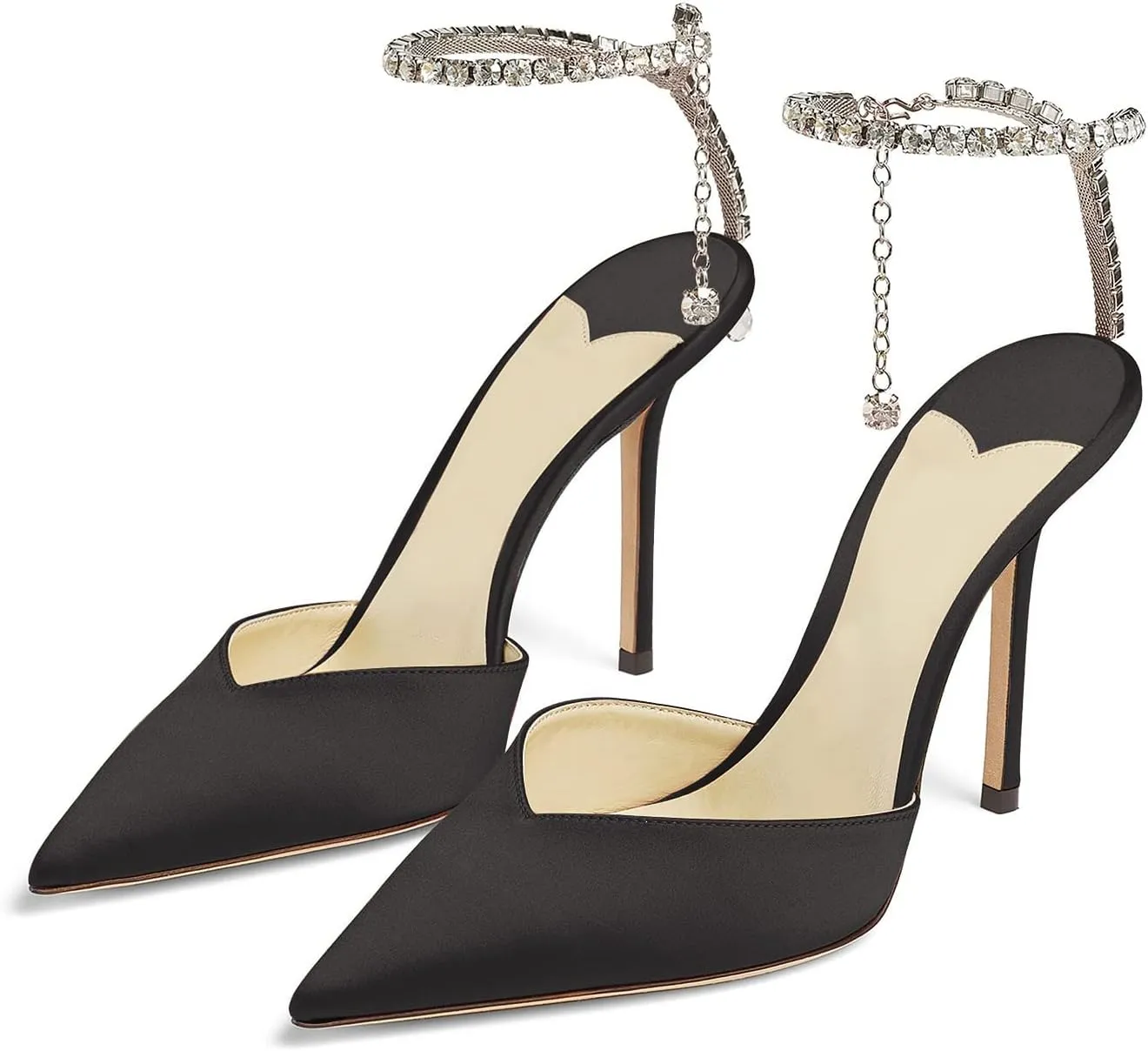 MIRAAZZURRA Women High Heeled sandals Satin Sparkly Crystal Chain Ankle Straps Shoes Summer Bridal Pointy Toe Stiletto Wedding Shoes