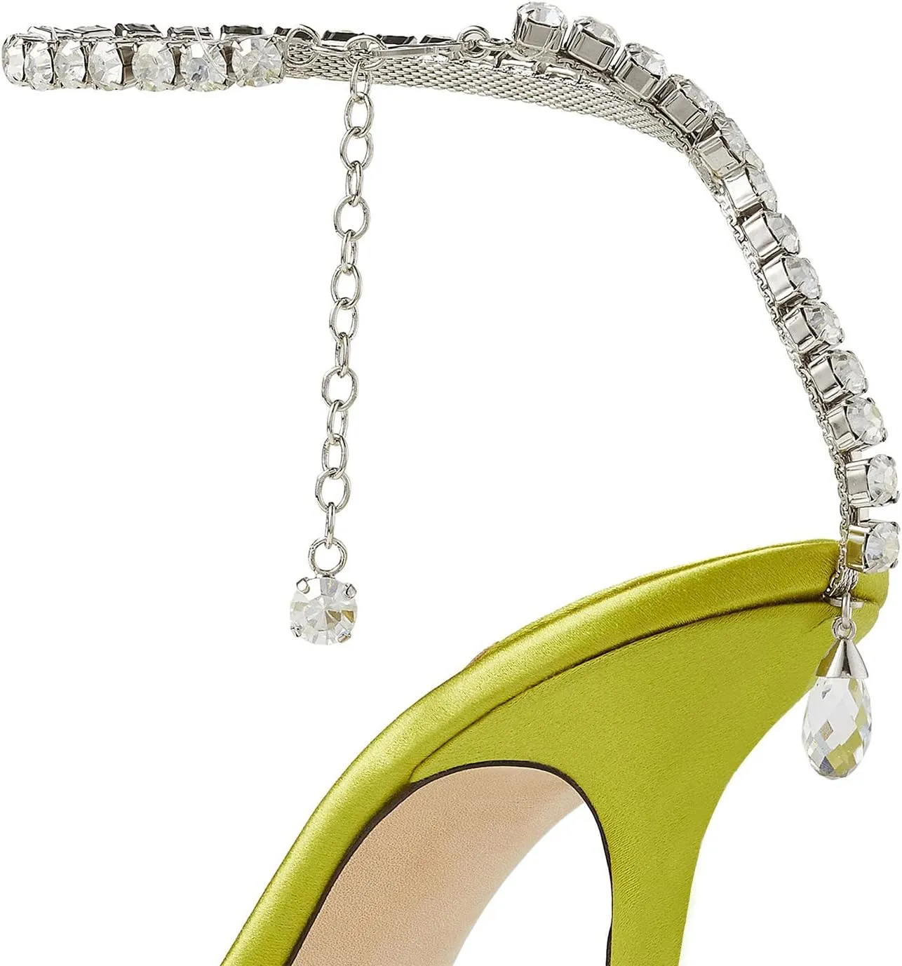 MIRAAZZURRA Women High Heeled sandals Satin Sparkly Crystal Chain Ankle Straps Shoes Summer Bridal Pointy Toe Stiletto Wedding Shoes