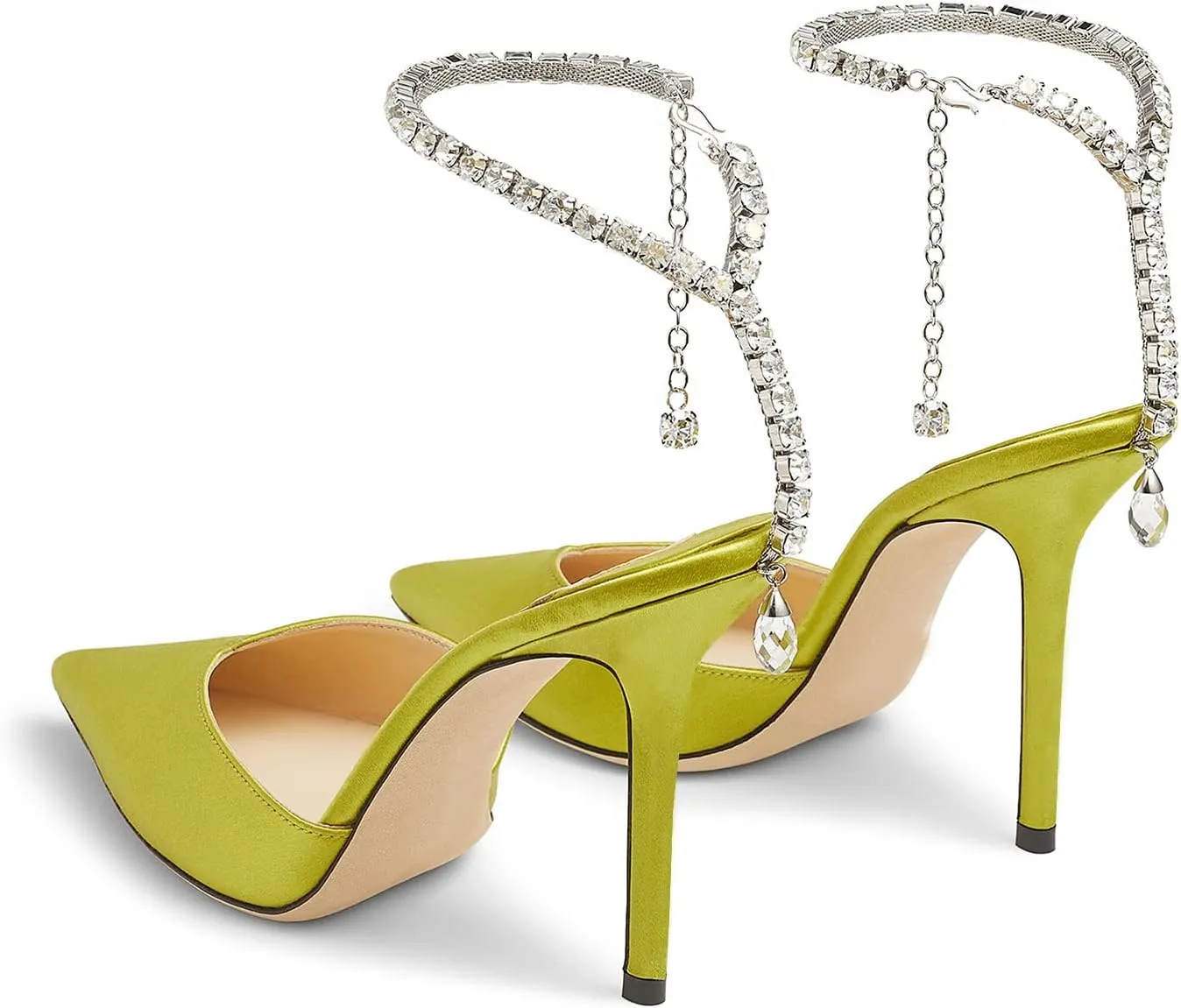 MIRAAZZURRA Women High Heeled sandals Satin Sparkly Crystal Chain Ankle Straps Shoes Summer Bridal Pointy Toe Stiletto Wedding Shoes