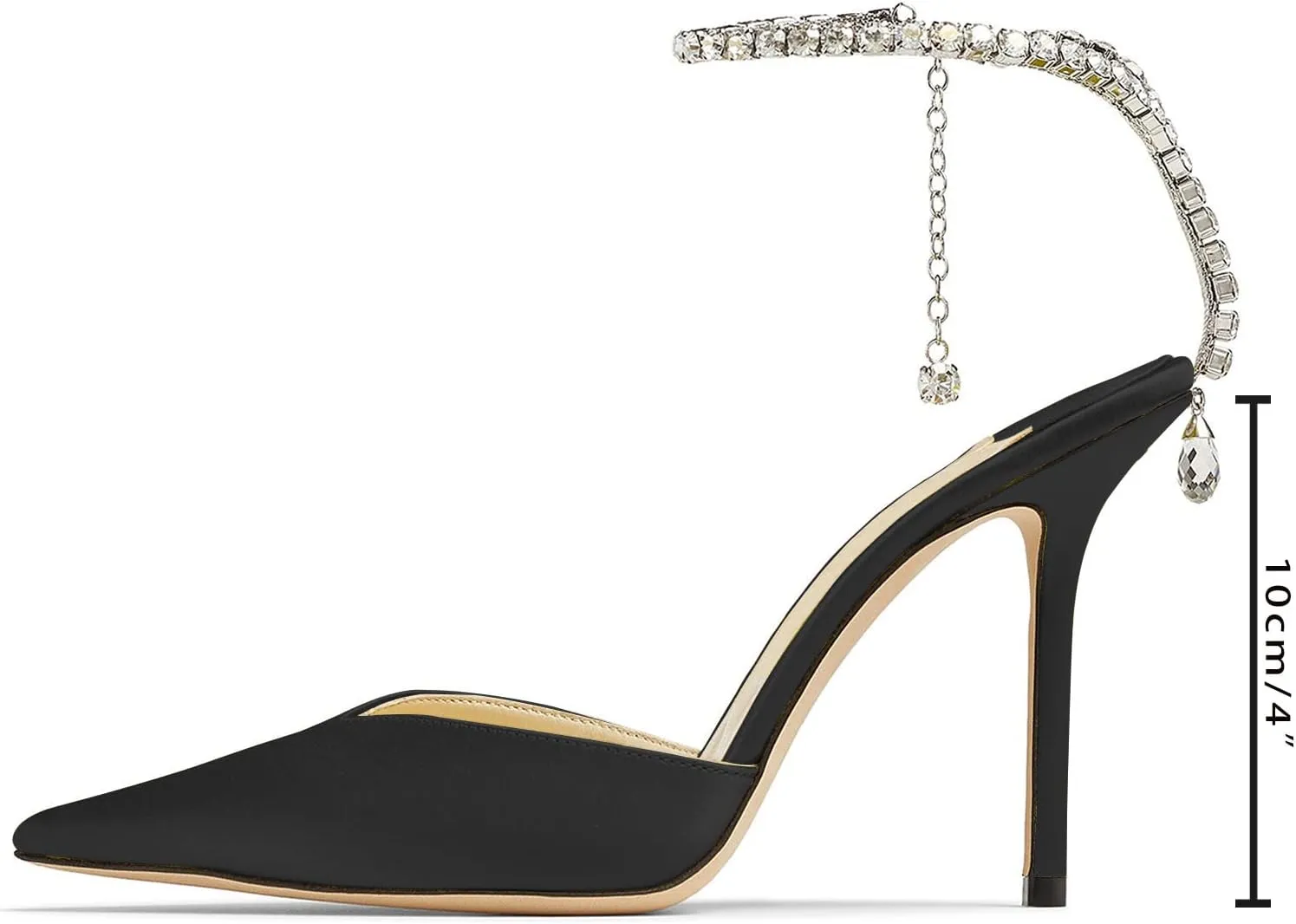 MIRAAZZURRA Women High Heeled sandals Satin Sparkly Crystal Chain Ankle Straps Shoes Summer Bridal Pointy Toe Stiletto Wedding Shoes