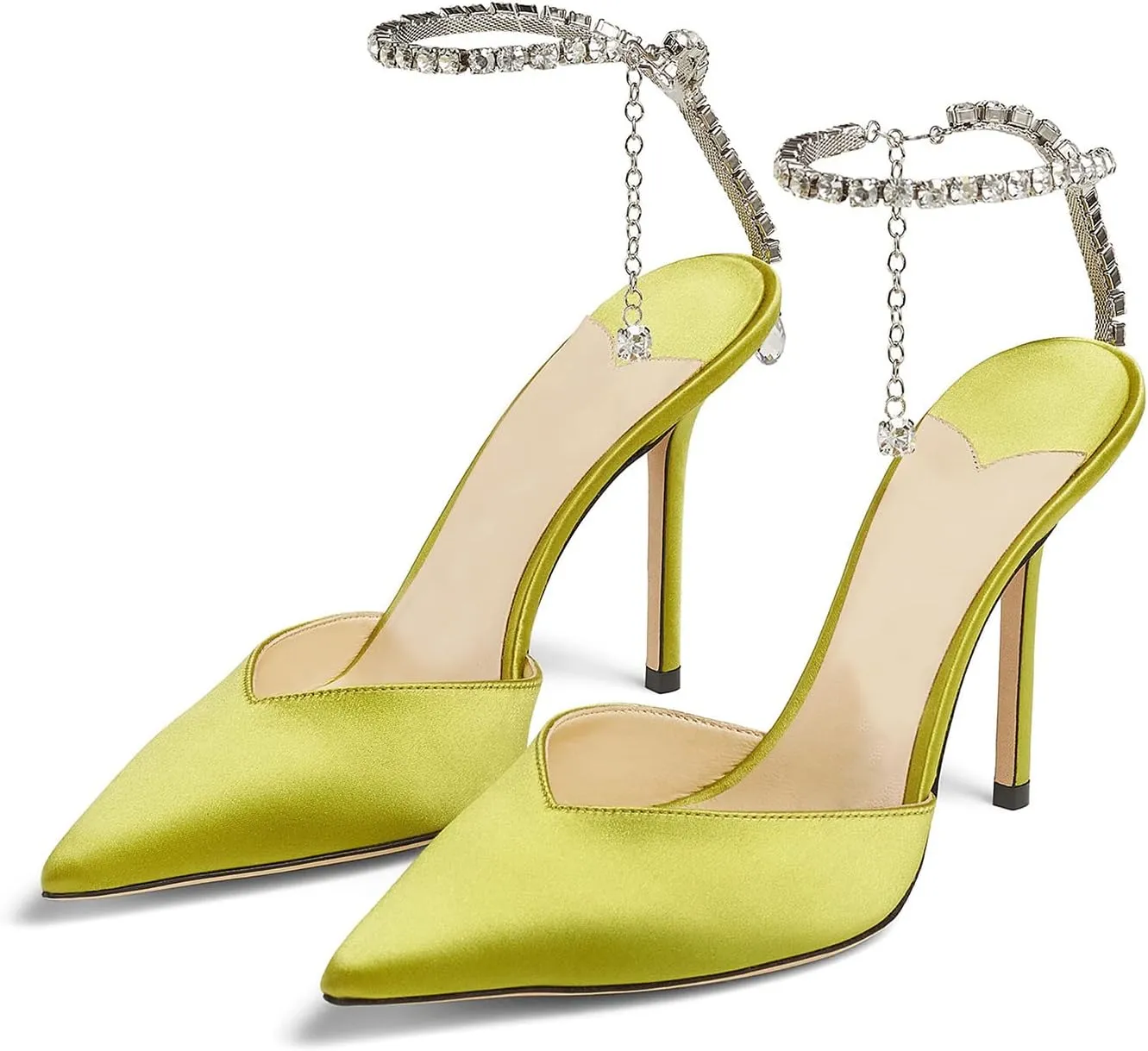MIRAAZZURRA Women High Heeled sandals Satin Sparkly Crystal Chain Ankle Straps Shoes Summer Bridal Pointy Toe Stiletto Wedding Shoes