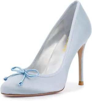 miss left Women Elegant Stiletto High Heel Bow Round Toe Satin Pumps Slip on Wedding Prom Party Dress Formal Shoes Size 4-16 US