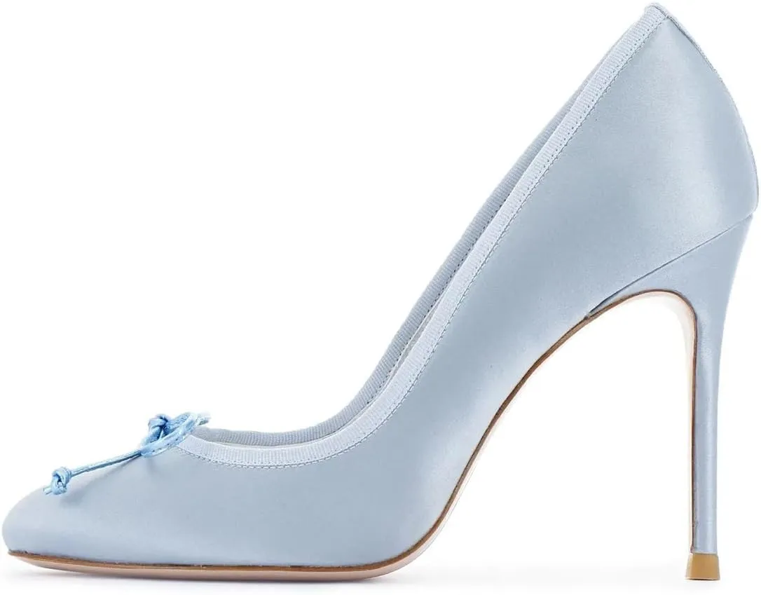 miss left Women Elegant Stiletto High Heel Bow Round Toe Satin Pumps Slip on Wedding Prom Party Dress Formal Shoes Size 4-16 US