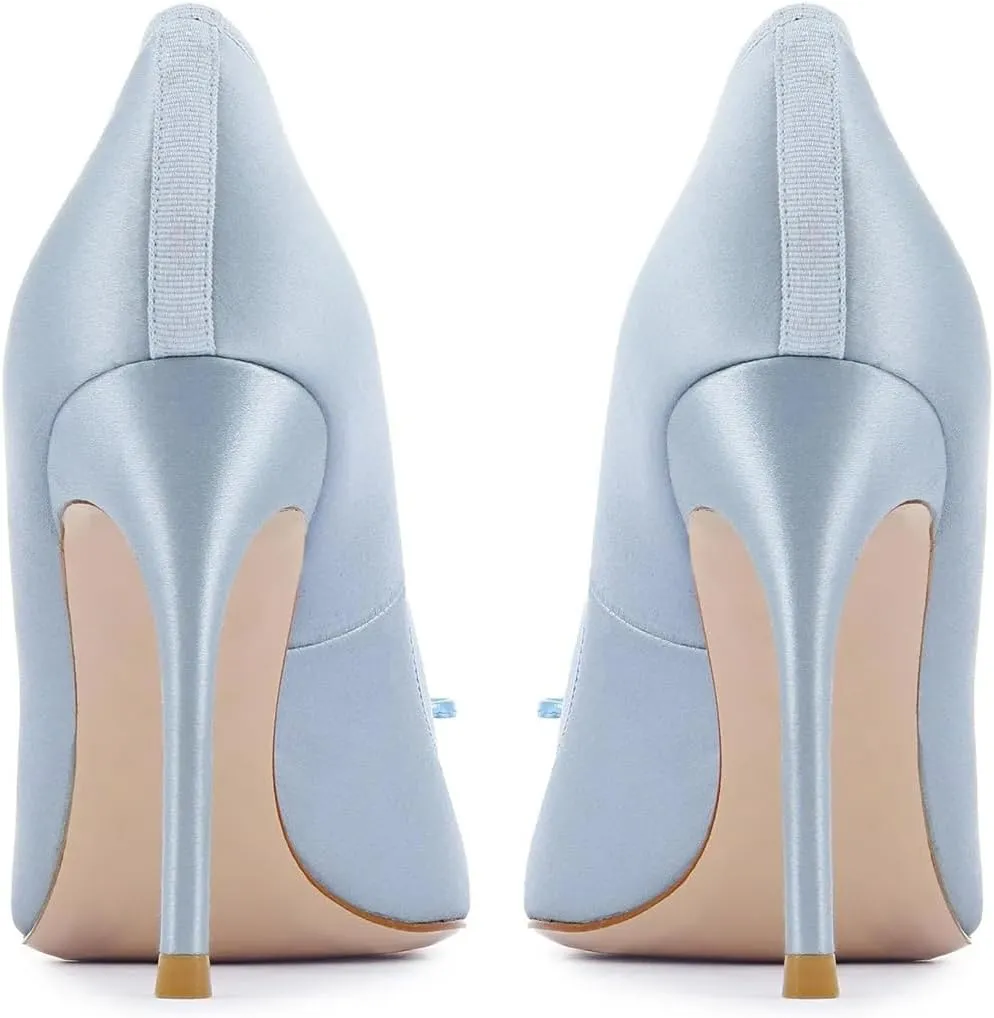 miss left Women Elegant Stiletto High Heel Bow Round Toe Satin Pumps Slip on Wedding Prom Party Dress Formal Shoes Size 4-16 US