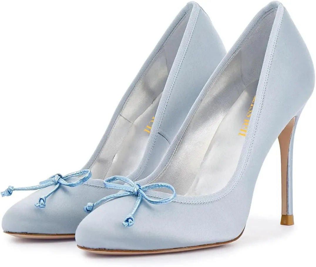 miss left Women Elegant Stiletto High Heel Bow Round Toe Satin Pumps Slip on Wedding Prom Party Dress Formal Shoes Size 4-16 US