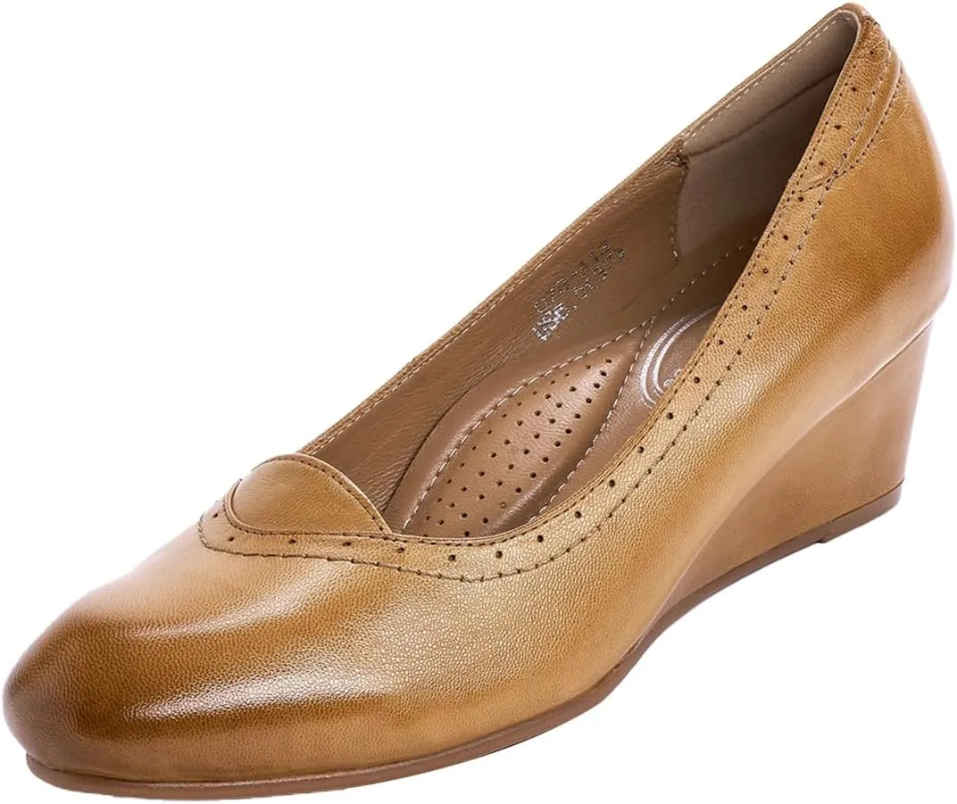 Mona flying Women's Leather Closed Toe 2 Inch Mid Wedges Heels with Arch Support Round Toe Comfortable Dress Pumps for Women Ladies