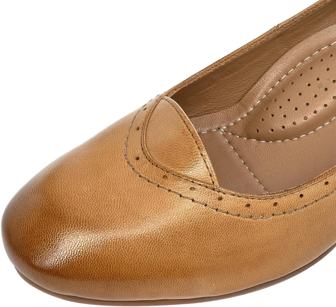Mona flying Women's Leather Closed Toe 2 Inch Mid Wedges Heels with Arch Support Round Toe Comfortable Dress Pumps for Women Ladies