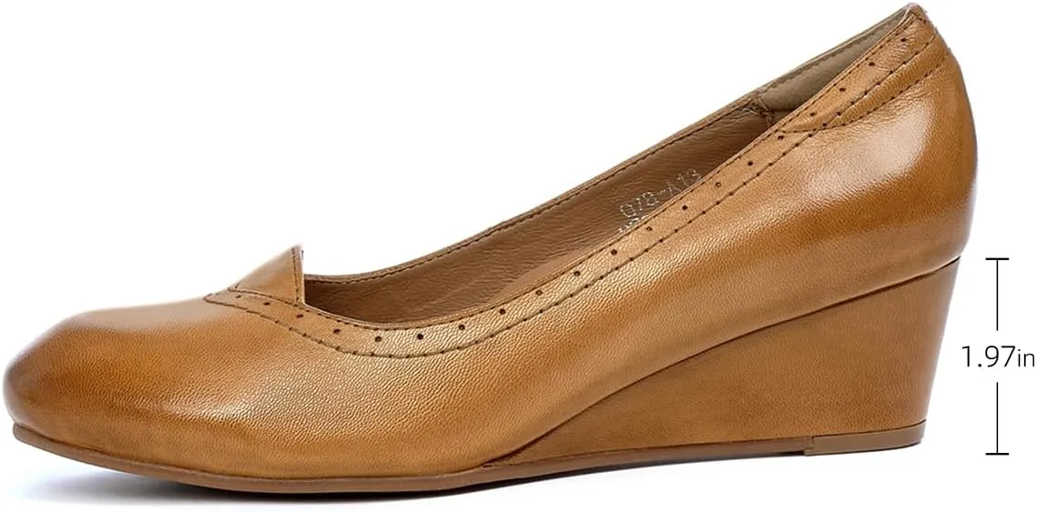 Mona flying Women's Leather Closed Toe 2 Inch Mid Wedges Heels with Arch Support Round Toe Comfortable Dress Pumps for Women Ladies