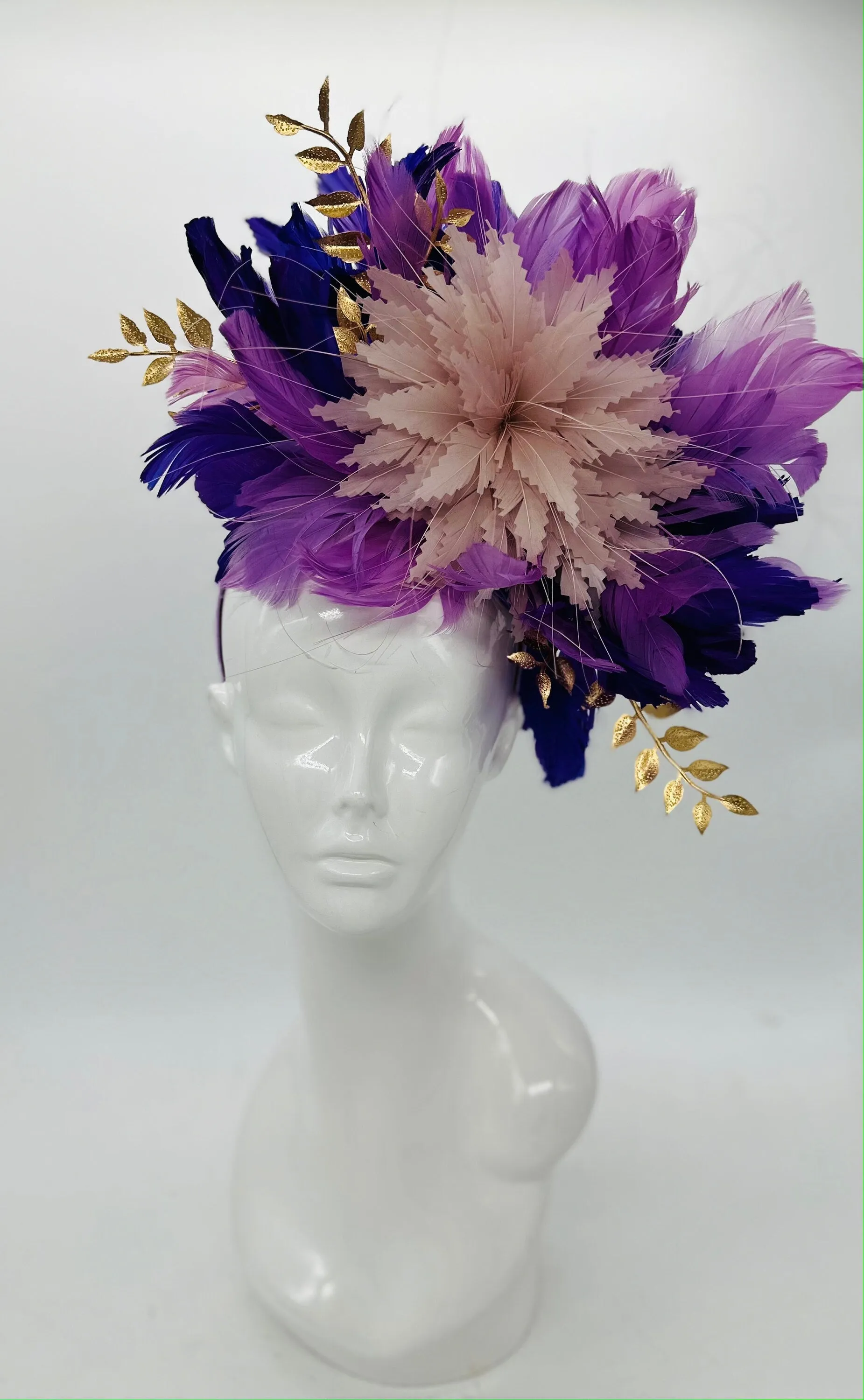 Monochromatic purple and gold Kentucky Derby Fascinator, Derby hat, (PLATINUM LINE)