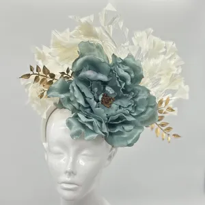 Muted gray blue, gold and ivory whtite Derby Fascinator, Kentucky Derby Hat Alternative, Kentucky derby hat, (GOLD LINE)