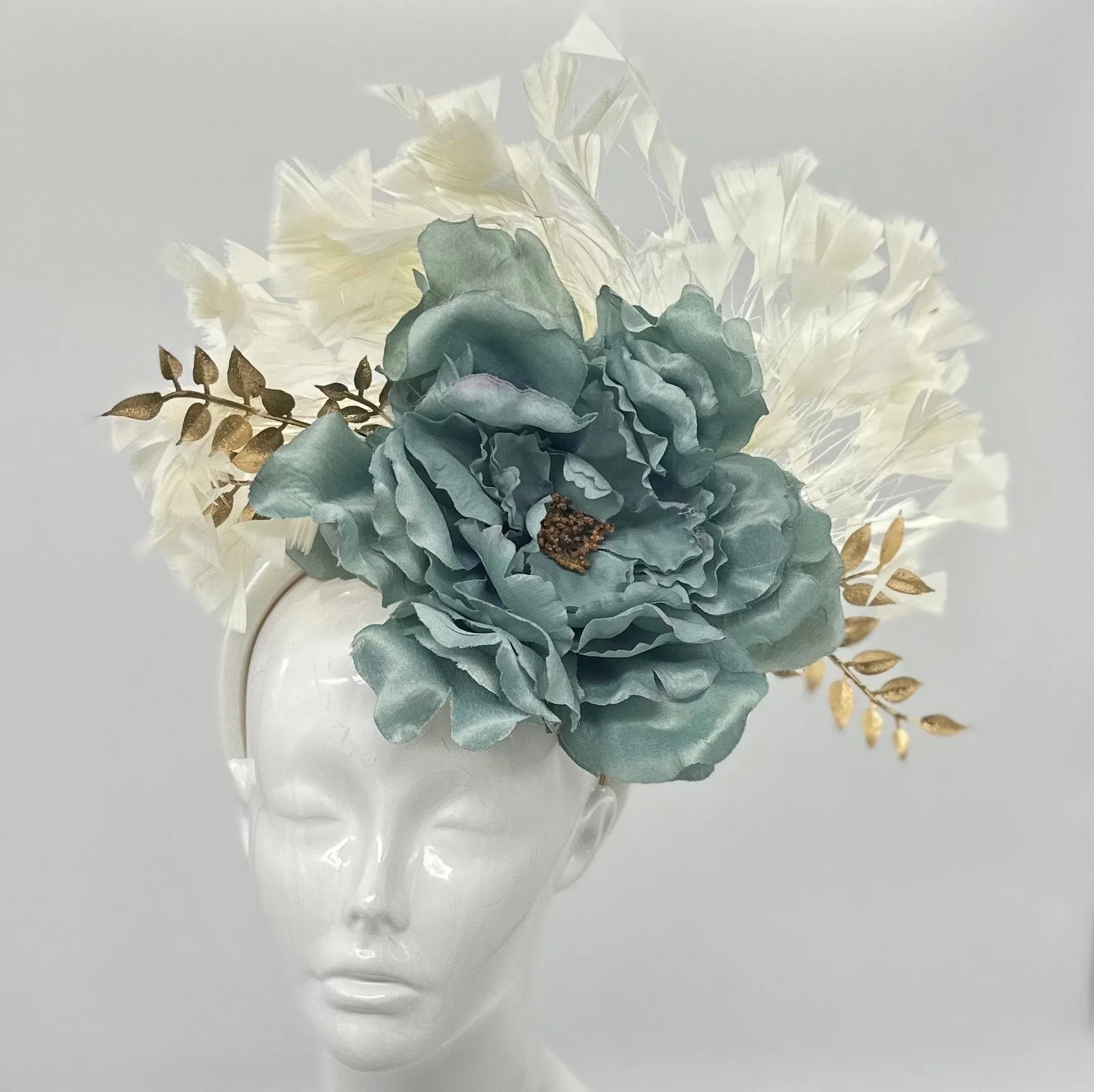 Muted gray blue, gold and ivory whtite Derby Fascinator, Kentucky Derby Hat Alternative, Kentucky derby hat, (GOLD LINE)