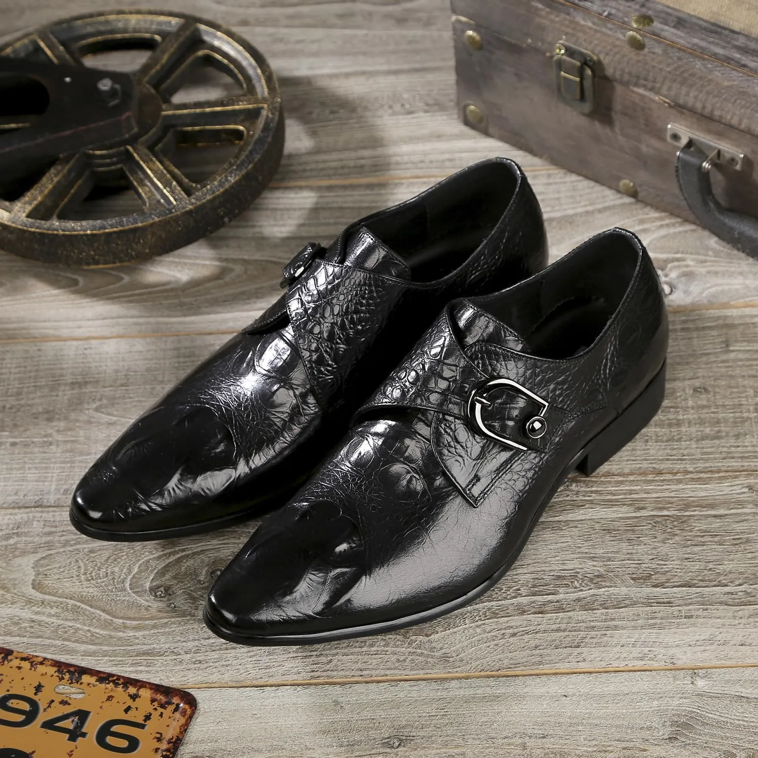 New Dress Oxford Shoes for Men Slip On Crocodile Print Monk Strap Genuine Leather Pointed Toe Non Slip Block Heel Slip Resistant Rubber Sole Casual