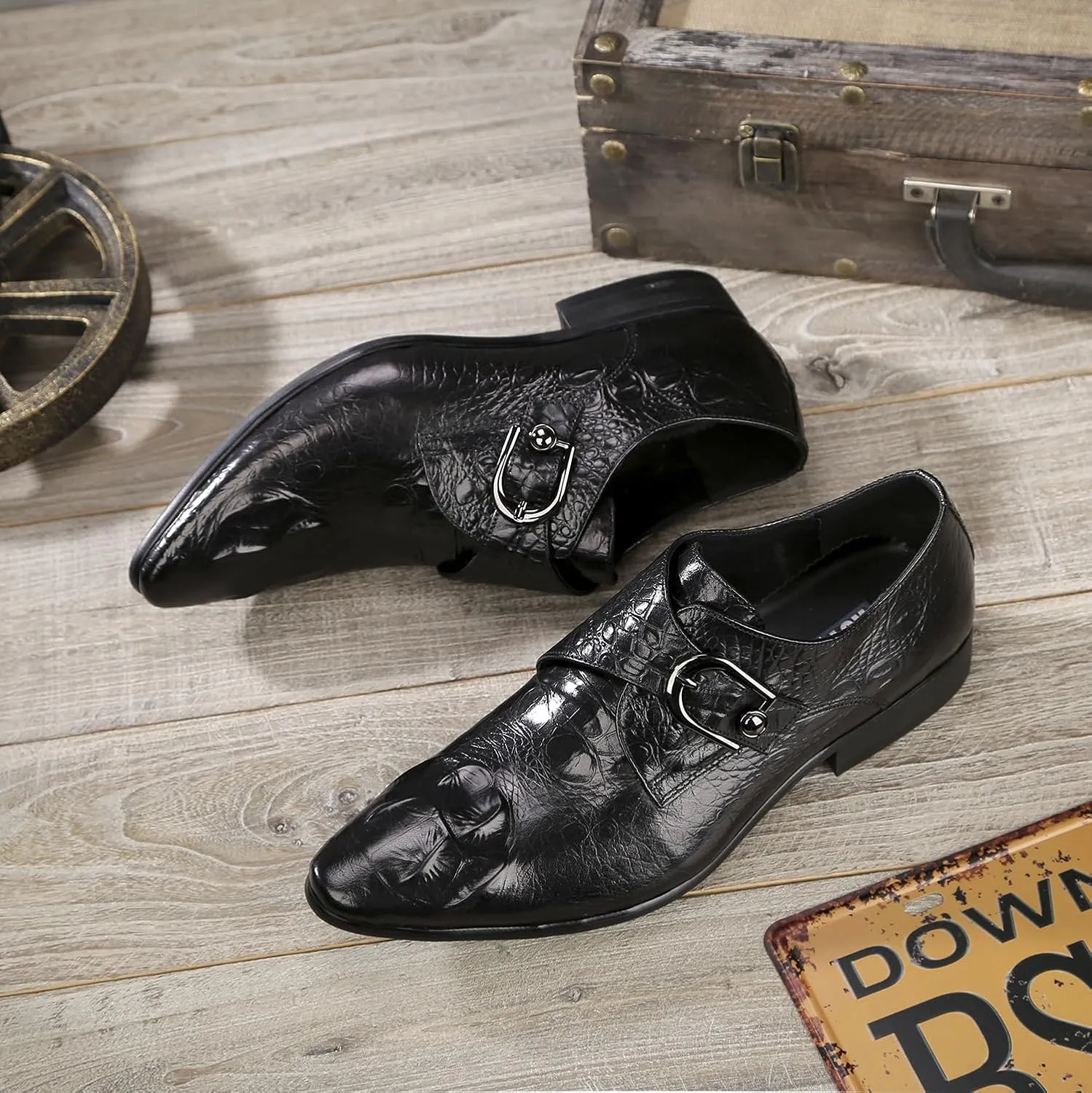 New Dress Oxford Shoes for Men Slip On Crocodile Print Monk Strap Genuine Leather Pointed Toe Non Slip Block Heel Slip Resistant Rubber Sole Casual
