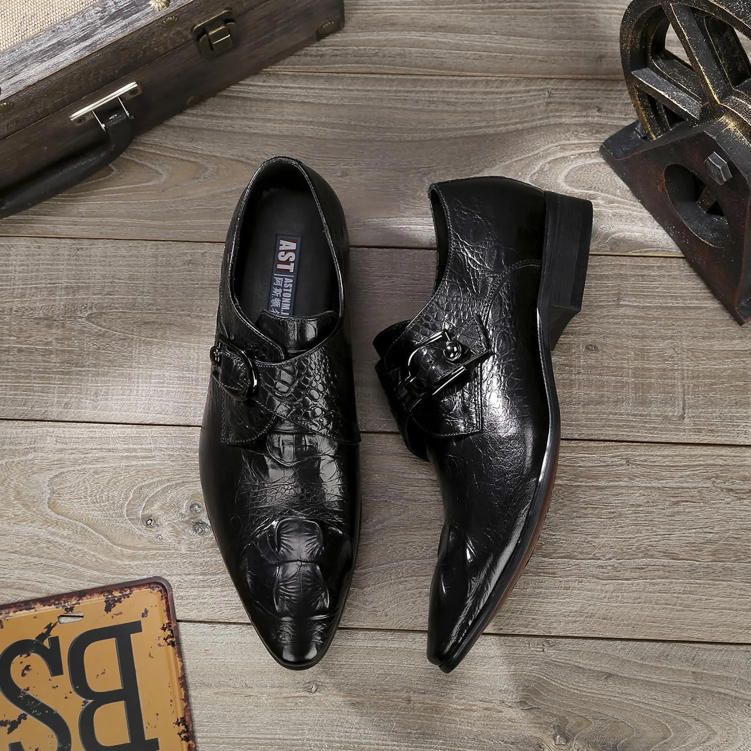 New Dress Oxford Shoes for Men Slip On Crocodile Print Monk Strap Genuine Leather Pointed Toe Non Slip Block Heel Slip Resistant Rubber Sole Casual