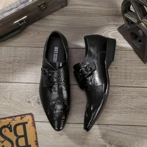 New Dress Oxford Shoes for Men Slip On Crocodile Print Monk Strap Genuine Leather Pointed Toe Non Slip Block Heel Slip Resistant Rubber Sole Casual