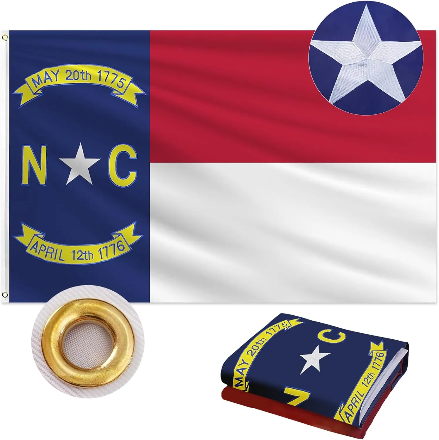 North Carolina Flag 3x5 FT Outdoor, Double Sided Heavy Duty 210D Oxford Fabric, Embroidered Star & Dates and 4 Rows Stitching Fly Ends with 2 Brass Grommets | State of North Carolina NC Flag Home Wall