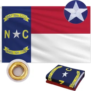 North Carolina Flag 3x5 FT Outdoor, Double Sided Heavy Duty 210D Oxford Fabric, Embroidered Star & Dates and 4 Rows Stitching Fly Ends with 2 Brass Grommets | State of North Carolina NC Flag Home Wall