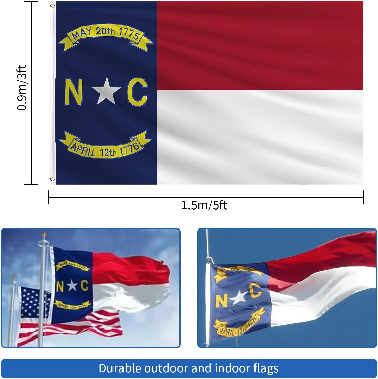 North Carolina Flag 3x5 FT Outdoor, Double Sided Heavy Duty 210D Oxford Fabric, Embroidered Star & Dates and 4 Rows Stitching Fly Ends with 2 Brass Grommets | State of North Carolina NC Flag Home Wall