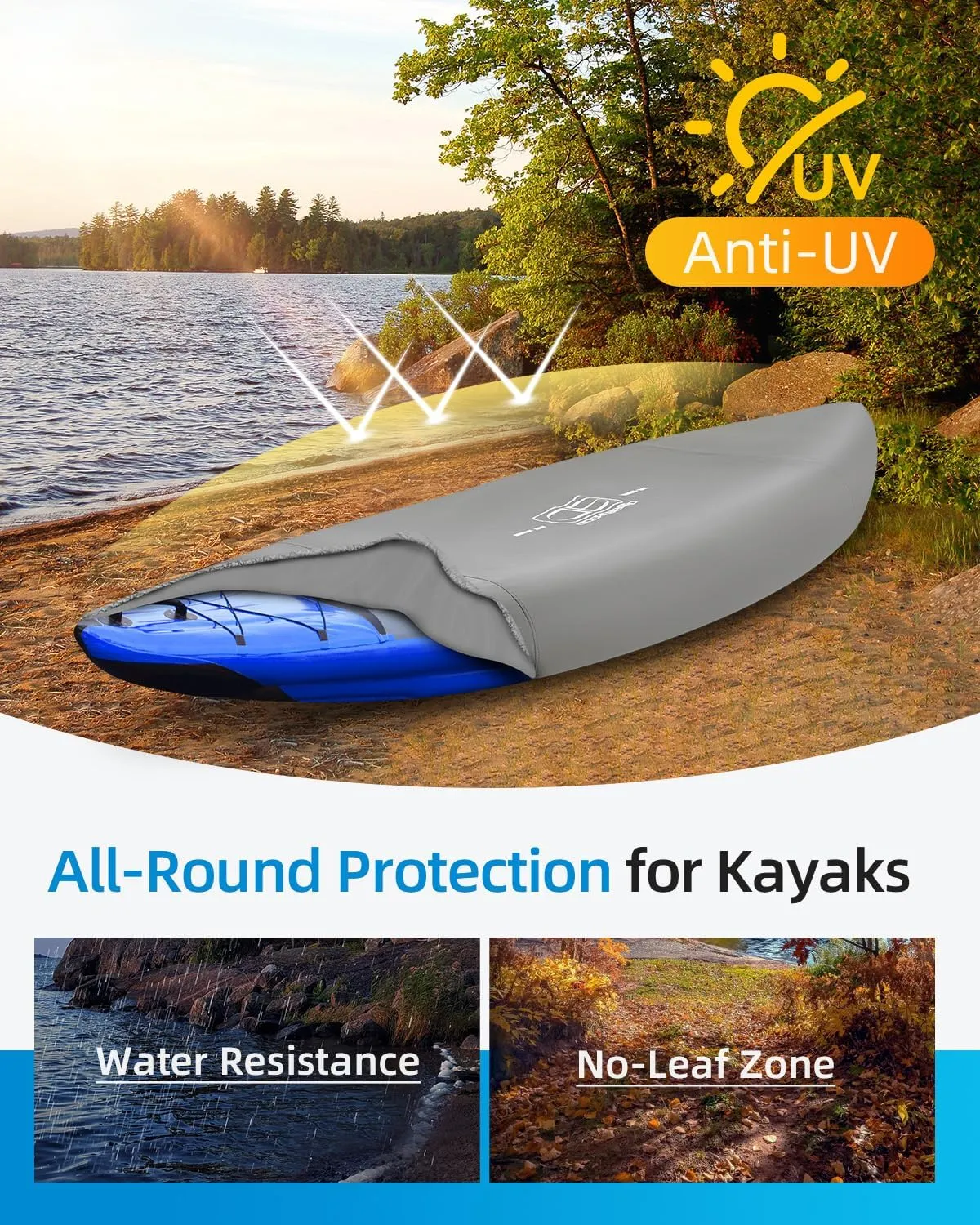 OCEANBROAD 300D/420D/600D Kayak Cover, Water-Resistant UV-Resistant Kayak Canoe Fishing Boat Dust Covers for Indoor and Outdoor Storage, Suitable for 10.8-12ft Kayak, 420D Gray