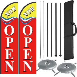 Open Themed Swooper Flag Pole Kit for Businesses,Now Open Advertising Banner Kit Include Feather Flag,Banner Pole,Ground Stake and Travel Bag-12 Feet (2 Pack with X Base)