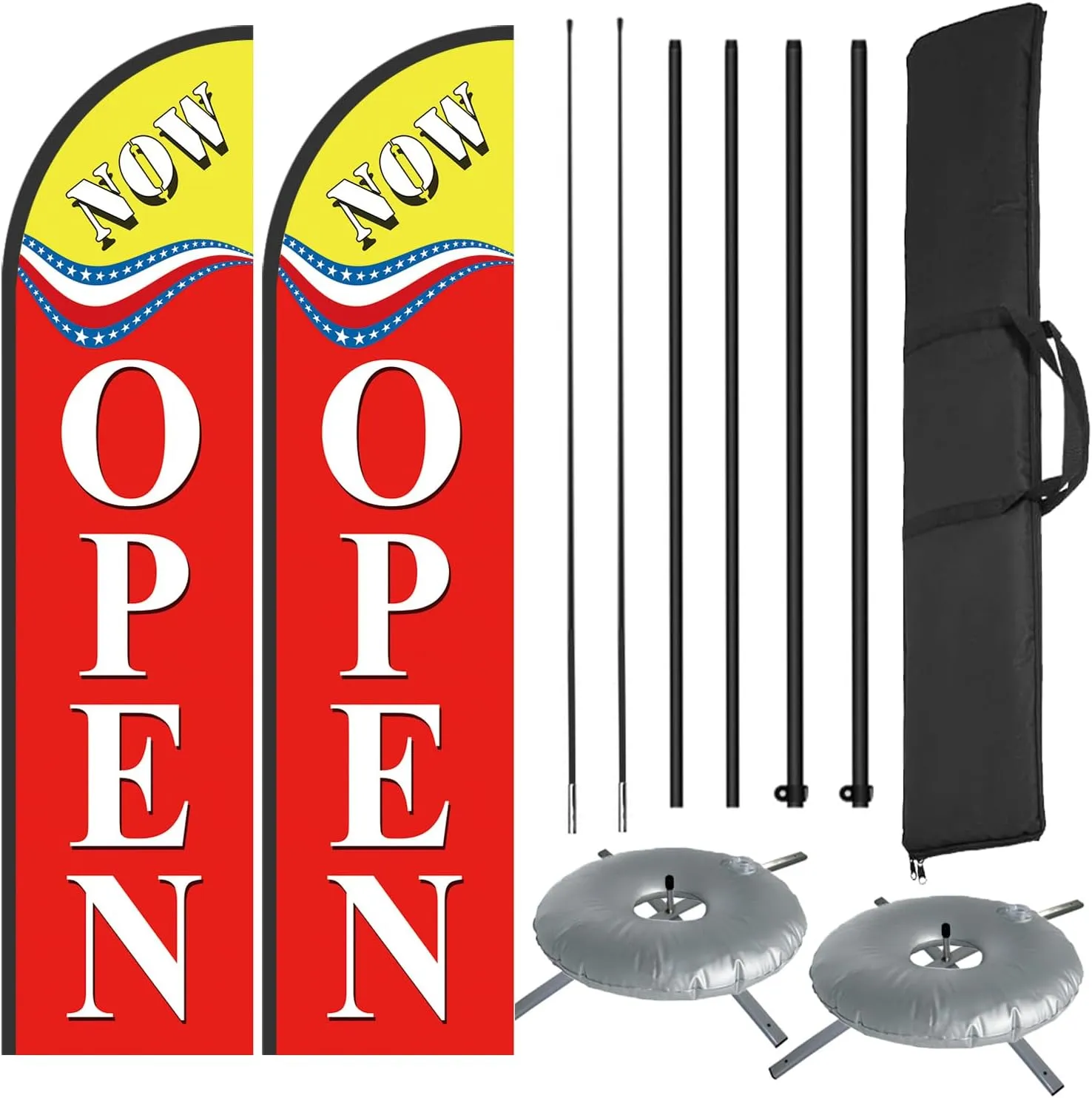 Open Themed Swooper Flag Pole Kit for Businesses,Now Open Advertising Banner Kit Include Feather Flag,Banner Pole,Ground Stake and Travel Bag-12 Feet (2 Pack with X Base)
