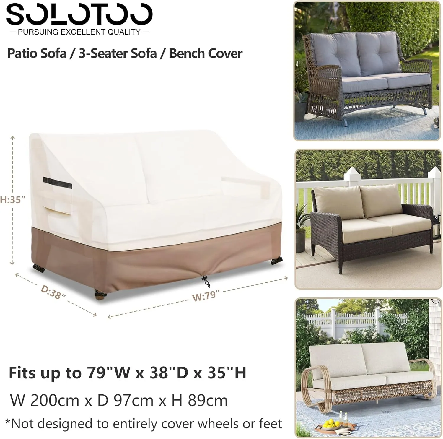 Outdoor Couch Cover Waterproof Patio Furniture Covers, 79 Inches Outdoor Sofa Cover, Furniture Covers for Patio Seating (Beige)
