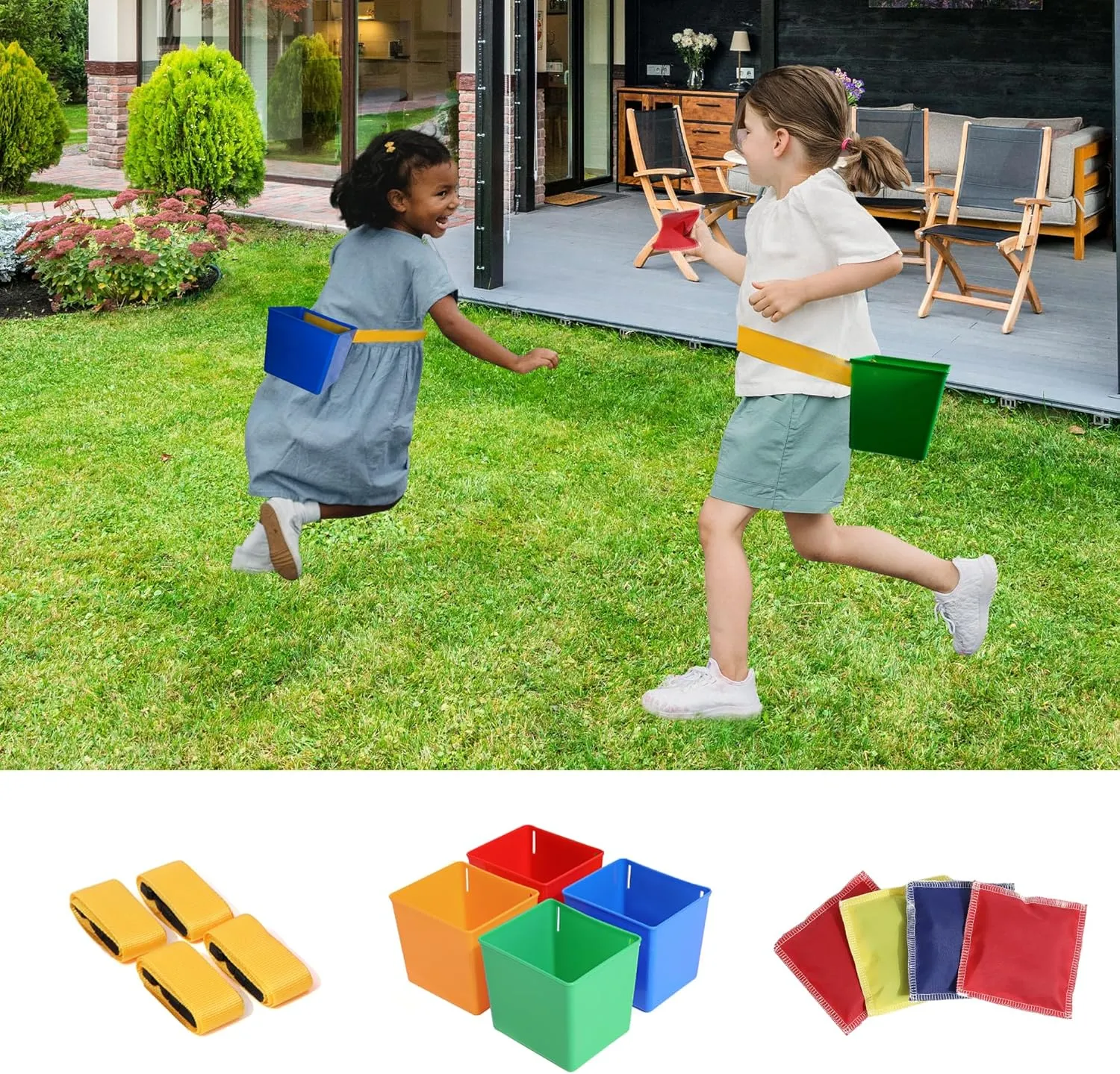 Outdoor Game for Kids Bean Bag Toss Game Beach Backyard Lawn Sport Activity Game Fun Outside Family Game Toys for Boys and Girls with 4 Buckets 4 Bean Bags and 4 Belts