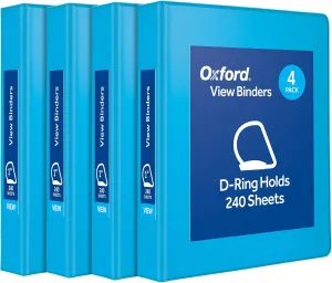 Oxford 3 Ring Binders, Binders for School and Office, Durable 1 inch D Rings, Holds 240 Sheets, ClearVue Presentation Binder, Blue, 4PK