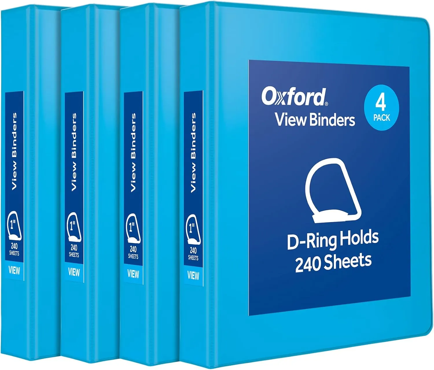 Oxford 3 Ring Binders, Binders for School and Office, Durable 1 inch D Rings, Holds 240 Sheets, ClearVue Presentation Binder, Blue, 4PK