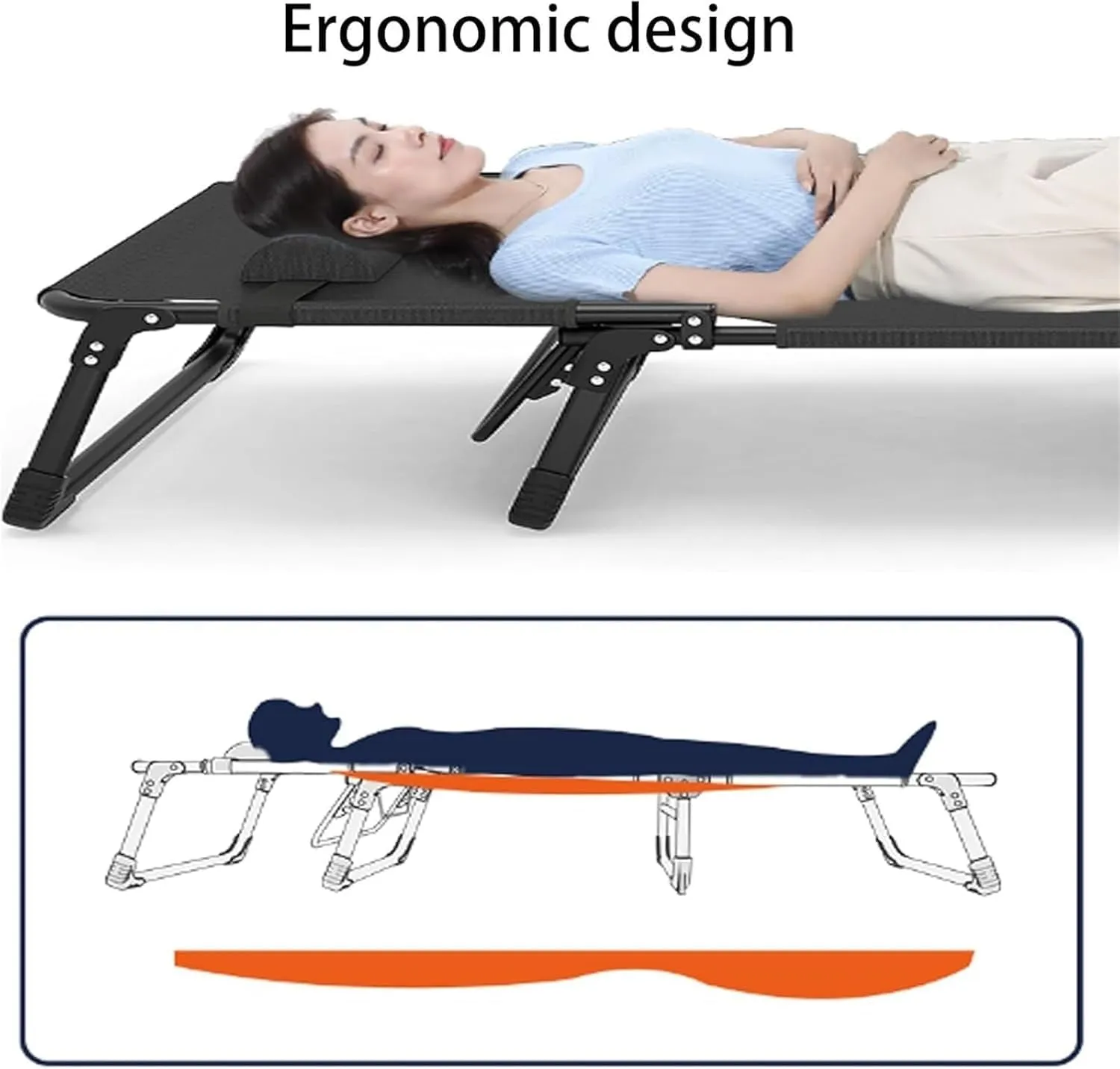 Oxford Cloth Camping Cot, Durable Steel Frame Folding Cot, Portable Folding Bed with Pillow, 4-Position Folding Chaise Lounge Chair