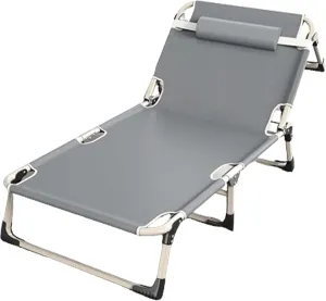 Oxford Cloth Camping Cot, Durable Steel Frame Folding Cot, Portable Folding Bed with Pillow, 4-Position Folding Chaise Lounge Chair